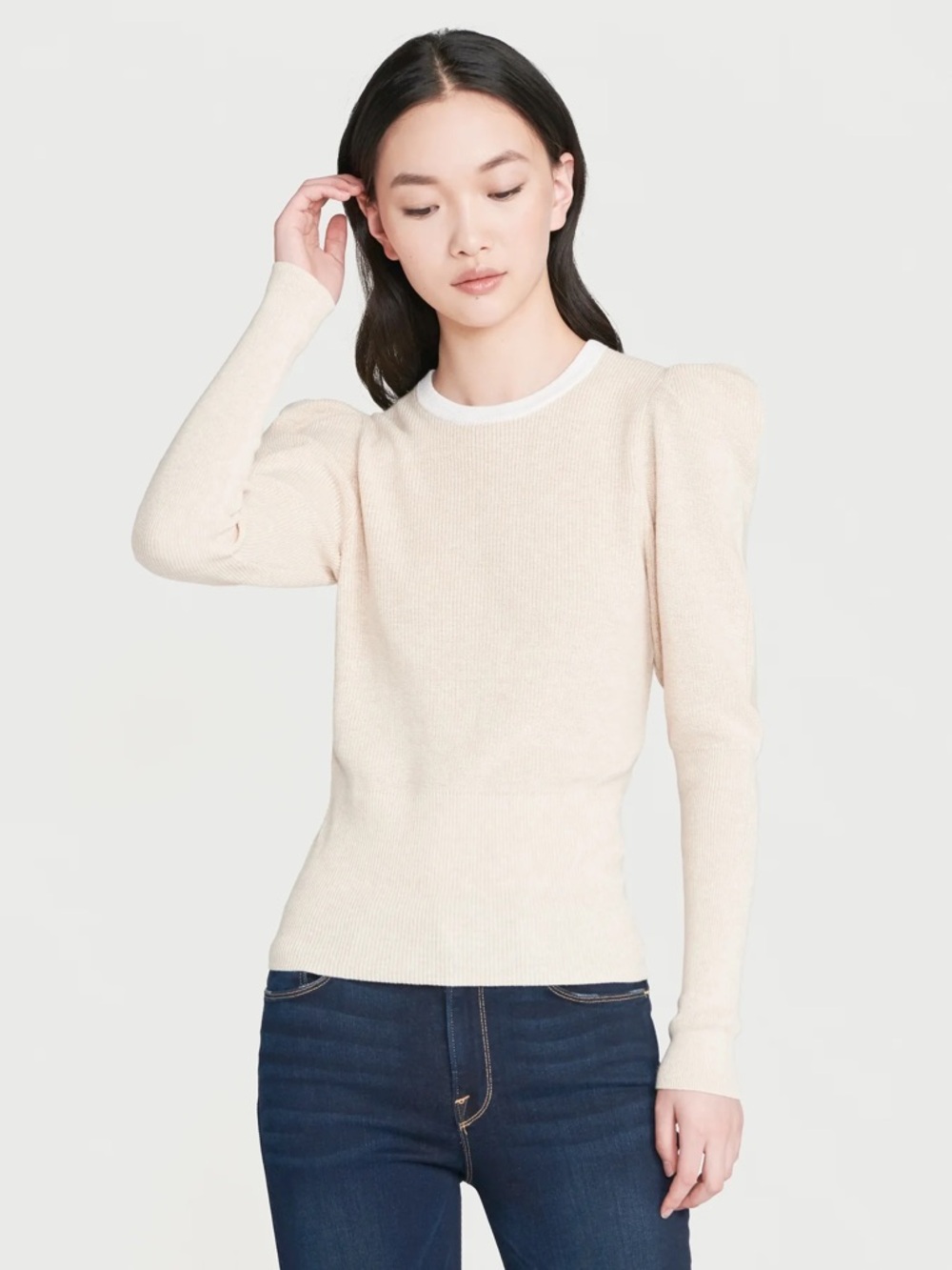 Frame Rib Feminine Sweater in Oatmeal Heather Puff Sleeve Womens Size S